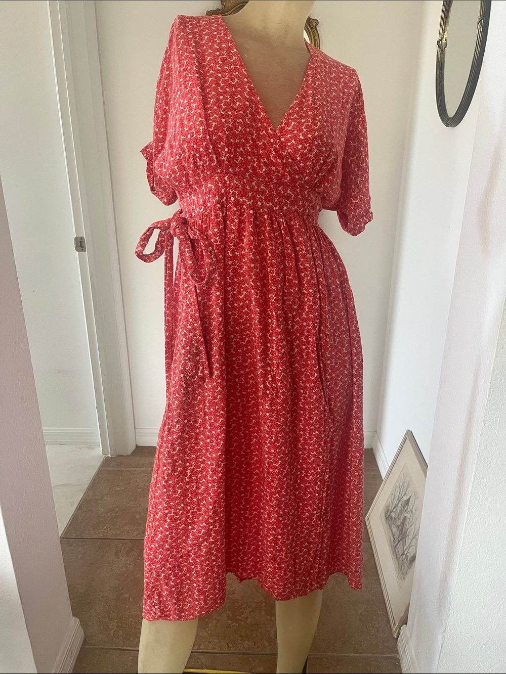 Adorable Urban Outfitters Red Printed V-Neck Wrap Midi Dress